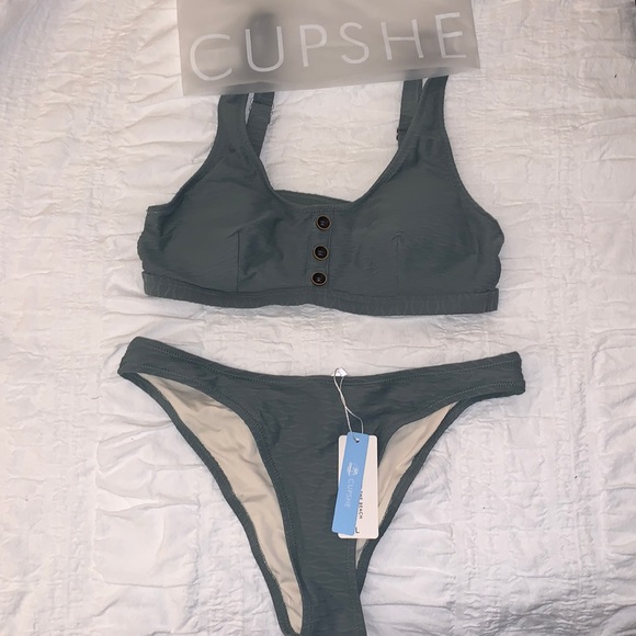 Army green step piece bathing suit with cut out back. - Picture 1 of 4